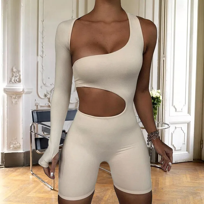 Casual Sports Asymmetrical Solid Women Rompers Basic Long Sleeve Sportswear Streetwear Female Elastic High Waist Jumpsuits