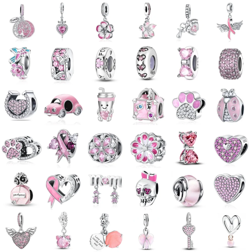 

2026 весенняя розовая серия, лента с цветком и котом, автомобиль для мамы, подходит для европейского браслета из стерлингового серебра 925 пробы, ожерелье, ювелирные изделия для женщин