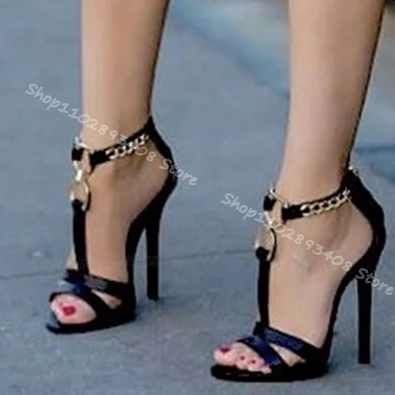 Black Metal Chain Decor Sandals Open Toe Back Zipper Cover Heels Women Shoes Fashion Party Stiletto Sandals Zapatos Para Mujere