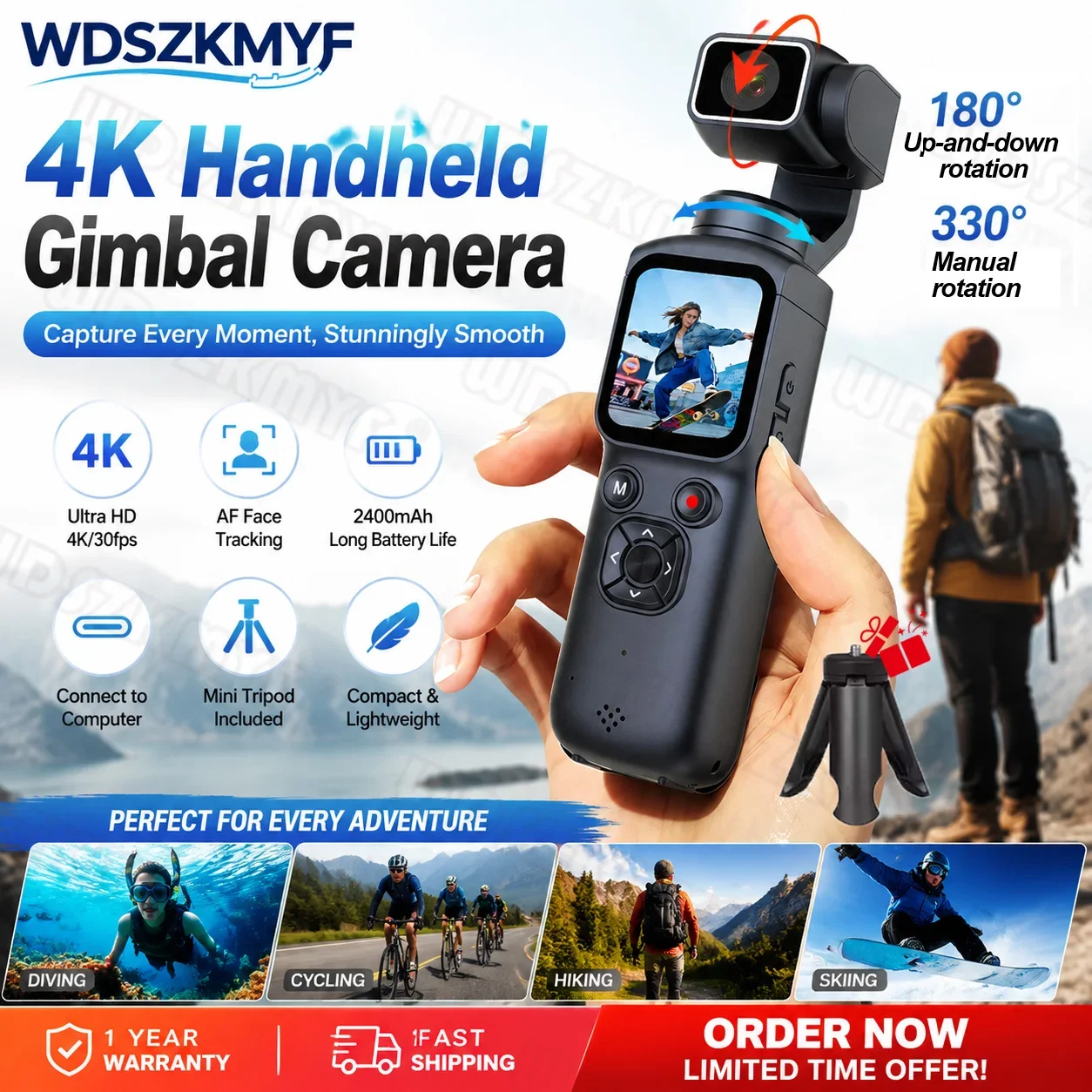 4K Touch Screen Portable Vlog Pocket Sports Camera with 330° Face-Tracking Lens Handheld Stabilizer Body Camera Video Recording