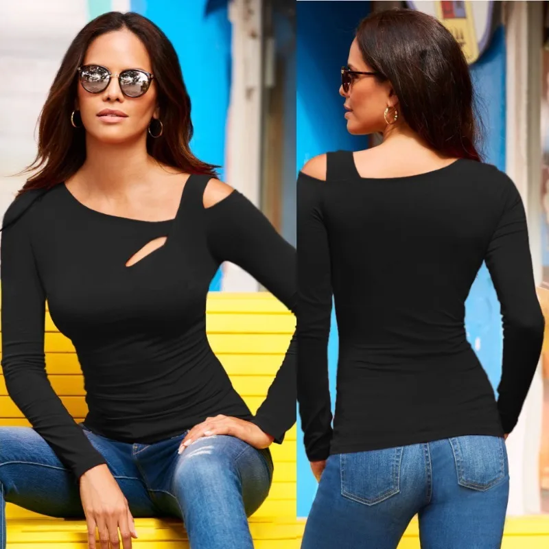 Women's Diagonal Collar T-shirts, Long Sleeve, Slim Fit Clothes, Black Tees, Monochromatic, Spring and Autumn Fashion, 8008
