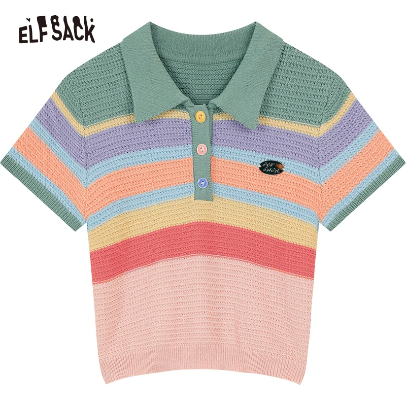 ELFSACK 2024 Summer Polo Neck Rainbow Stripe Short Sleeve Pattern Knitted Shirt for Women