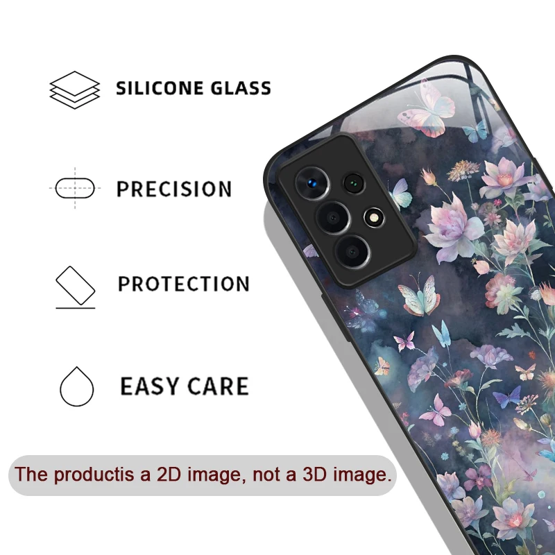 Vintage Floral Art Butterfly Flower Tempered Glass Phone Case for Samsung Galaxy A56 A72 A55 A54 A53 A52 A36 A14 A15 A50 Covers