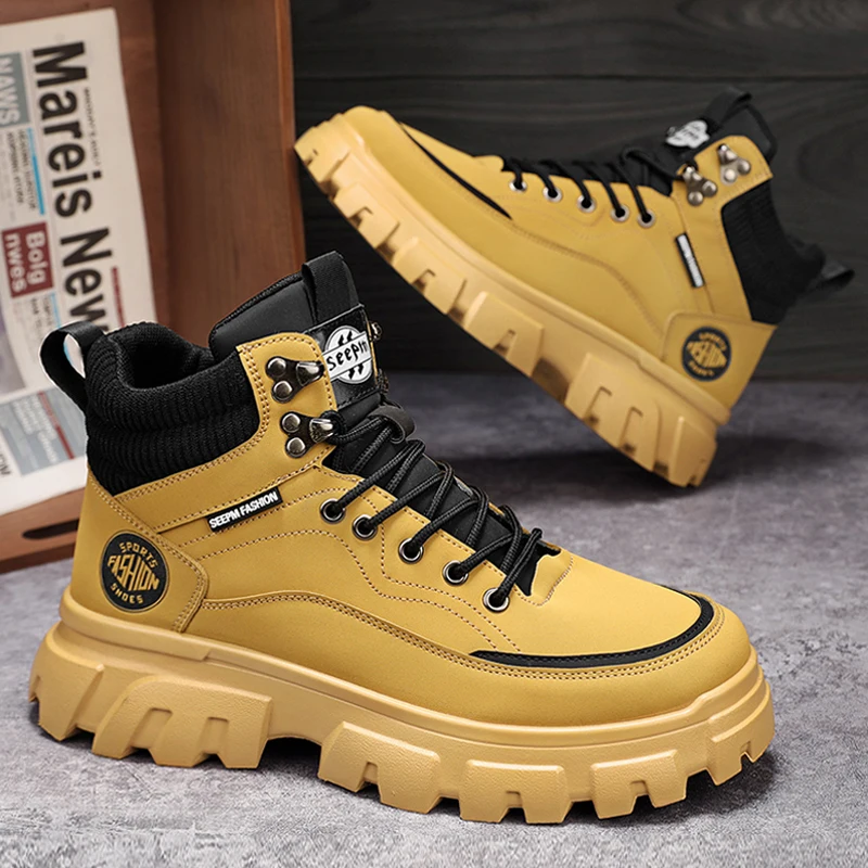 

2025 High Top Boots Men Leather Shoes Fashion Motorcycle Ankle Military Boots For Men Winter Boots Man Shoe Lace-Up Botas Hombre