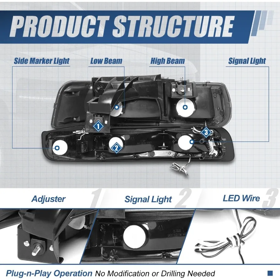 4 قطعة LED DRL مجموعة المصابيح الأمامية ومصابيح الوفير لسيارة شيفروليه سيلفرادو سوبربان 1500 2500 3500 تاهو 19992006 عدسة مدخنة Cl #4