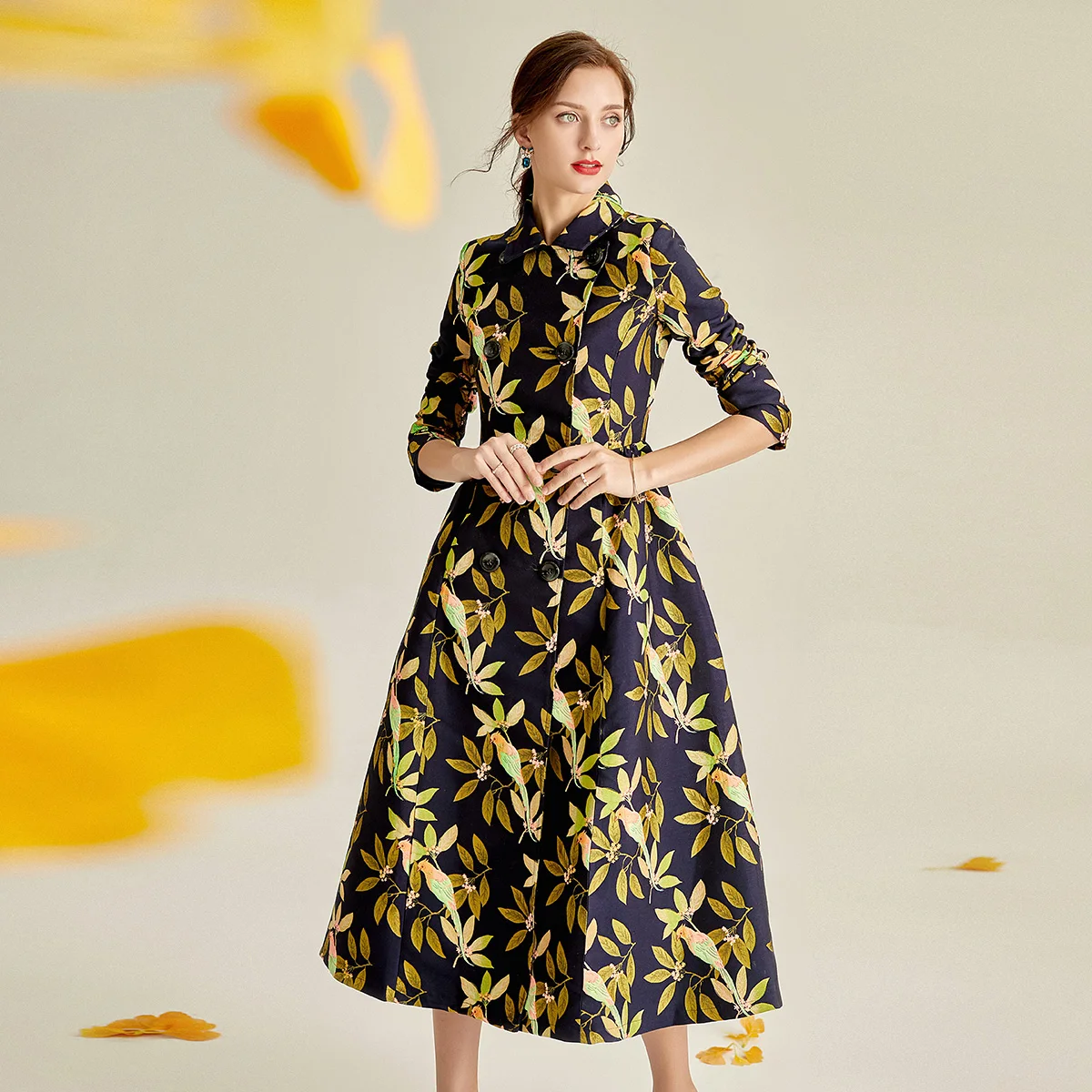 

Spring Autumn Jacquard Coat Double Breasted Trench Flora Jacket Women Fashion Long Windbreaker Overcoat Vintage Runway