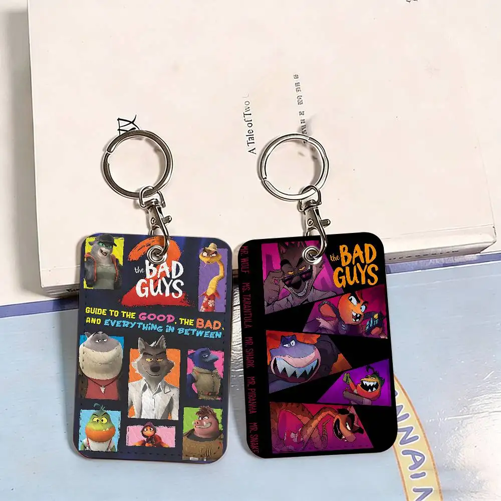 Cartoon T-The B-Bad Guys Rectangle ID Card Case Keychain Access Card Bag Key Tag Ring Leather Card Holder Key Ring Access