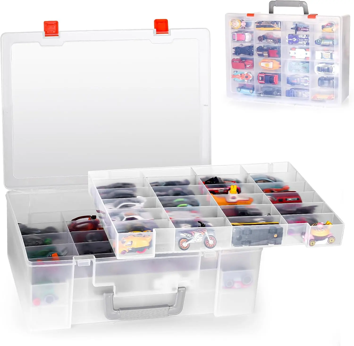 

72 Compartment Toy Organizer Storage Box with 3 Removable Trays for Hot Wheels Cars, Matchbox Cars, Mini Toys