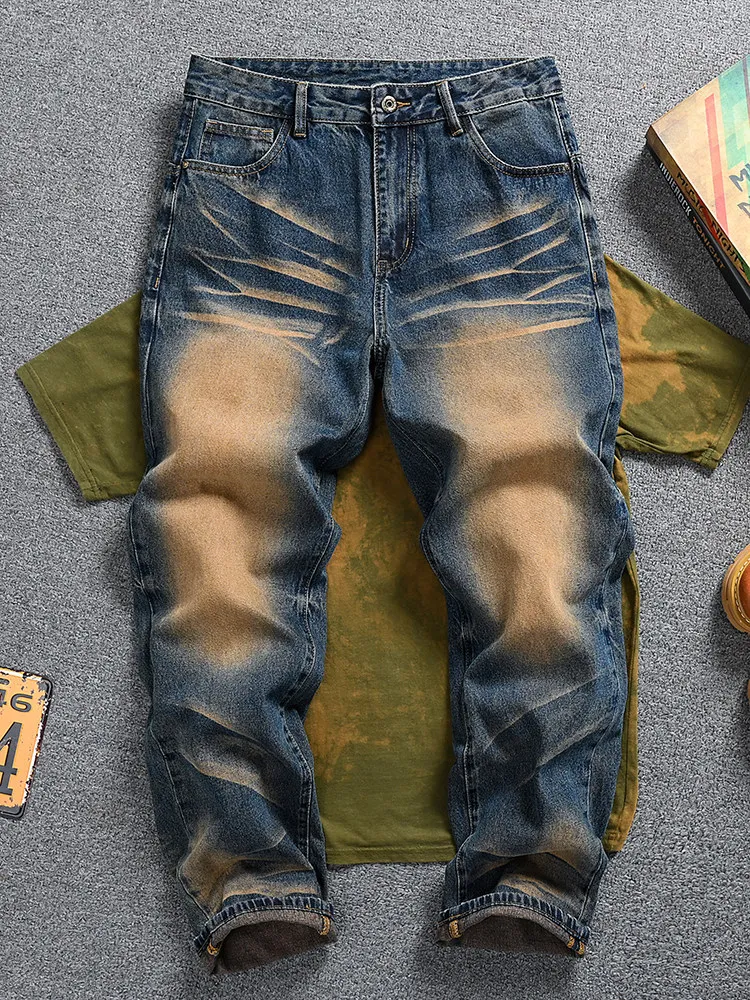 Men's American High Street Vintage Yellow Mud Wash Jeans, Loose Straight Wide Leg Denim Pants, Fashion Plus Size Casual Trousers
