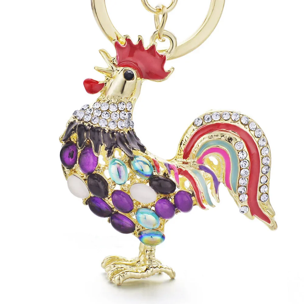 Pretty Cute Opals Cock Rooster Chicken Keychains Crystal Bag Pendant Rhinestone Luxury Key Chains Ring Gift for Women  K131