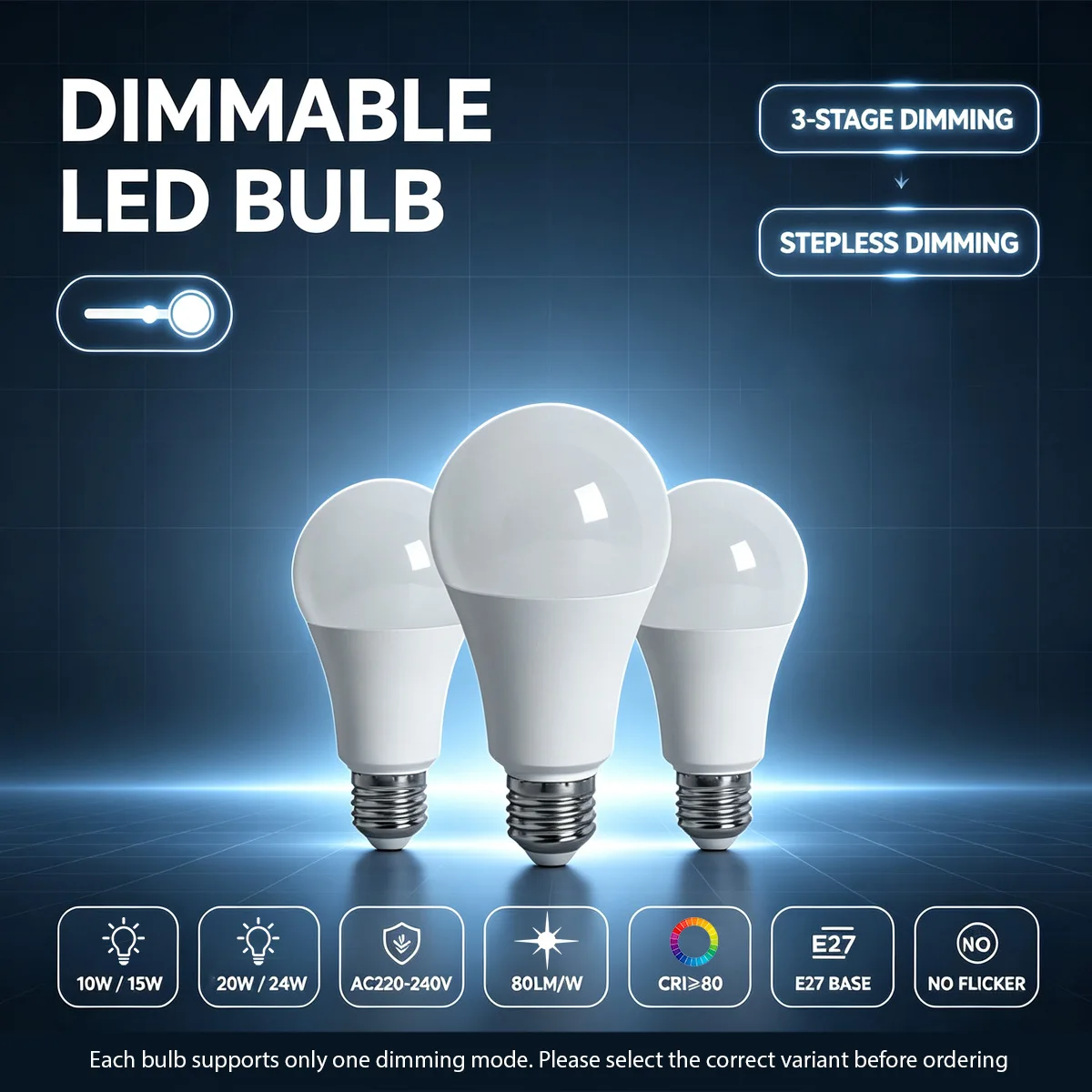 Flicker‑Free Dimming LED Bulb AC220-240V 10W 15W 20W 24W Rotary Dimmable Smooth Stepless Dimming / Wall‑Switch Dimming Lighting