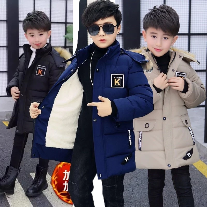 

2024 New 4-14 Years Very Keep Warm Winter Boys Jacket Teenager Mid-Length Plus Velvet Thickening Hooded Cotton Coat For Kids