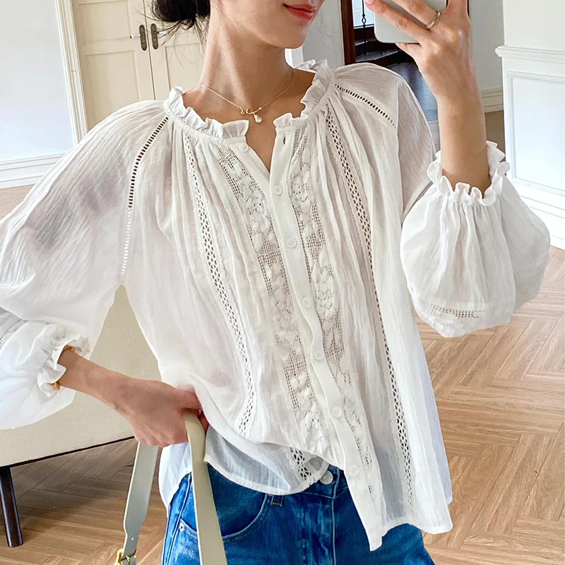 

French Style Lace Chic Blouse Shirt Women Autumn Spring Long Lantern Sleeve 100% Cotton White Loose Holiday Casual Ladies Tops
