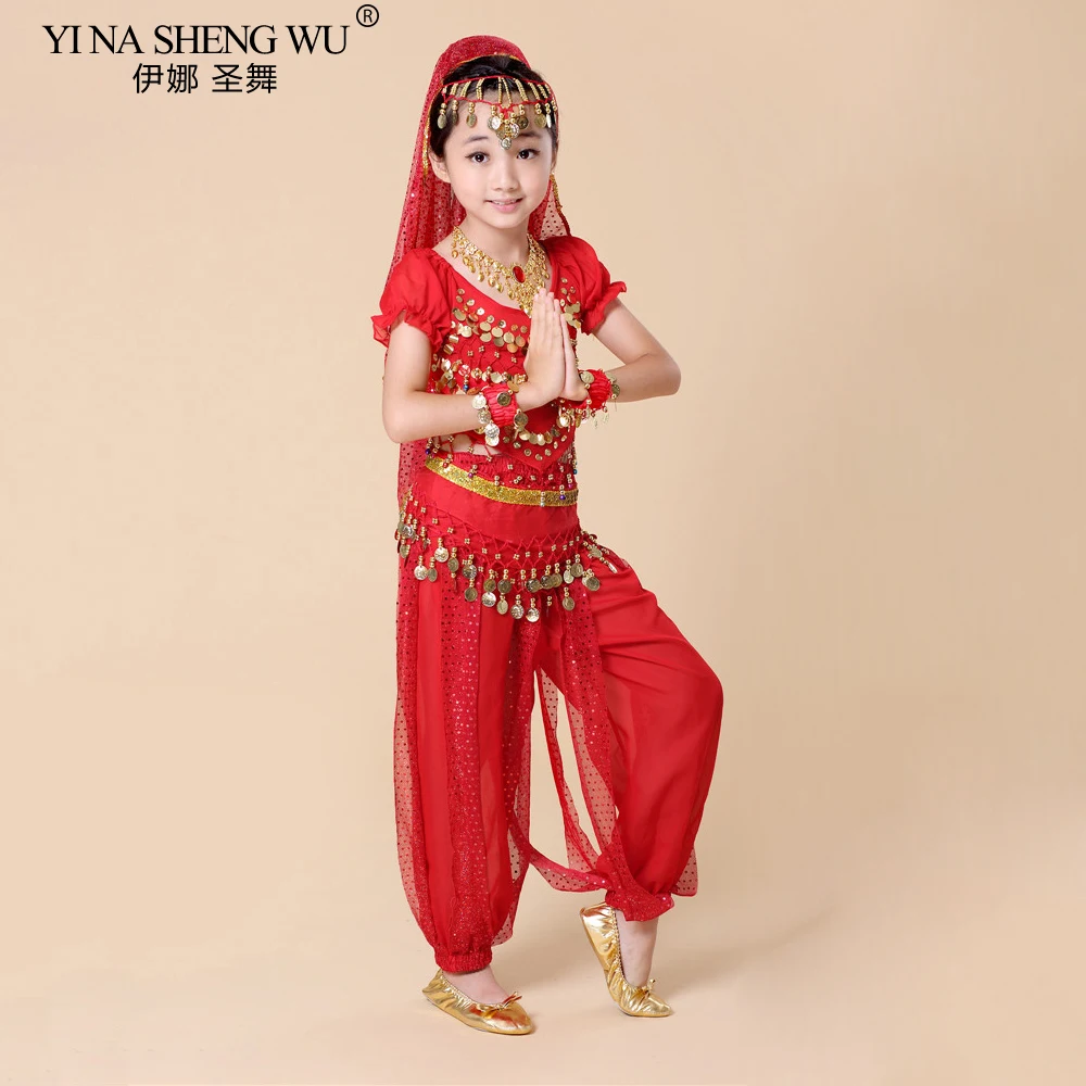 Nuevos trajes de danza del vientre para niños, conjunto de 5 uds (Top + Pantalones + cadena de cintura + pulsera + tocado), trajes de Bollywood para danza del vientre de la India para niños