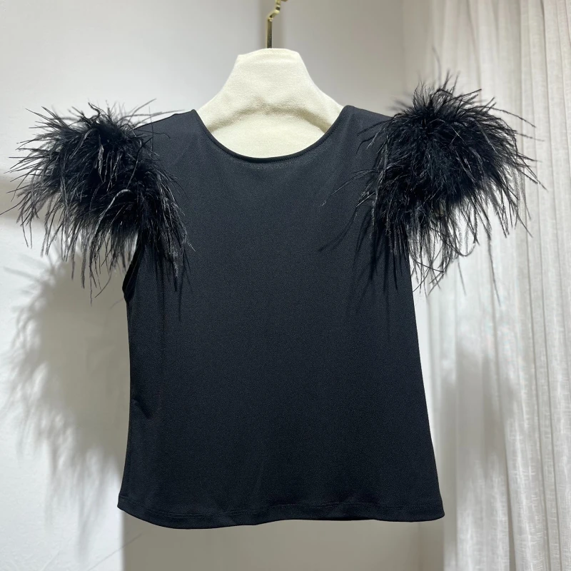 2024 New Women Fashion Clothing White Black Feather Decoration Short Sleeve O-Neck Casual High Quality Blosue Tops