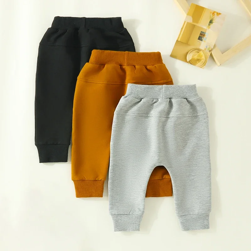 Pantalones para bebés pequeños, paquete de 3 pantalones de chándal de color sólido para otoño y primavera, pantalones para correr para bebés, color caqui, marrón y gris