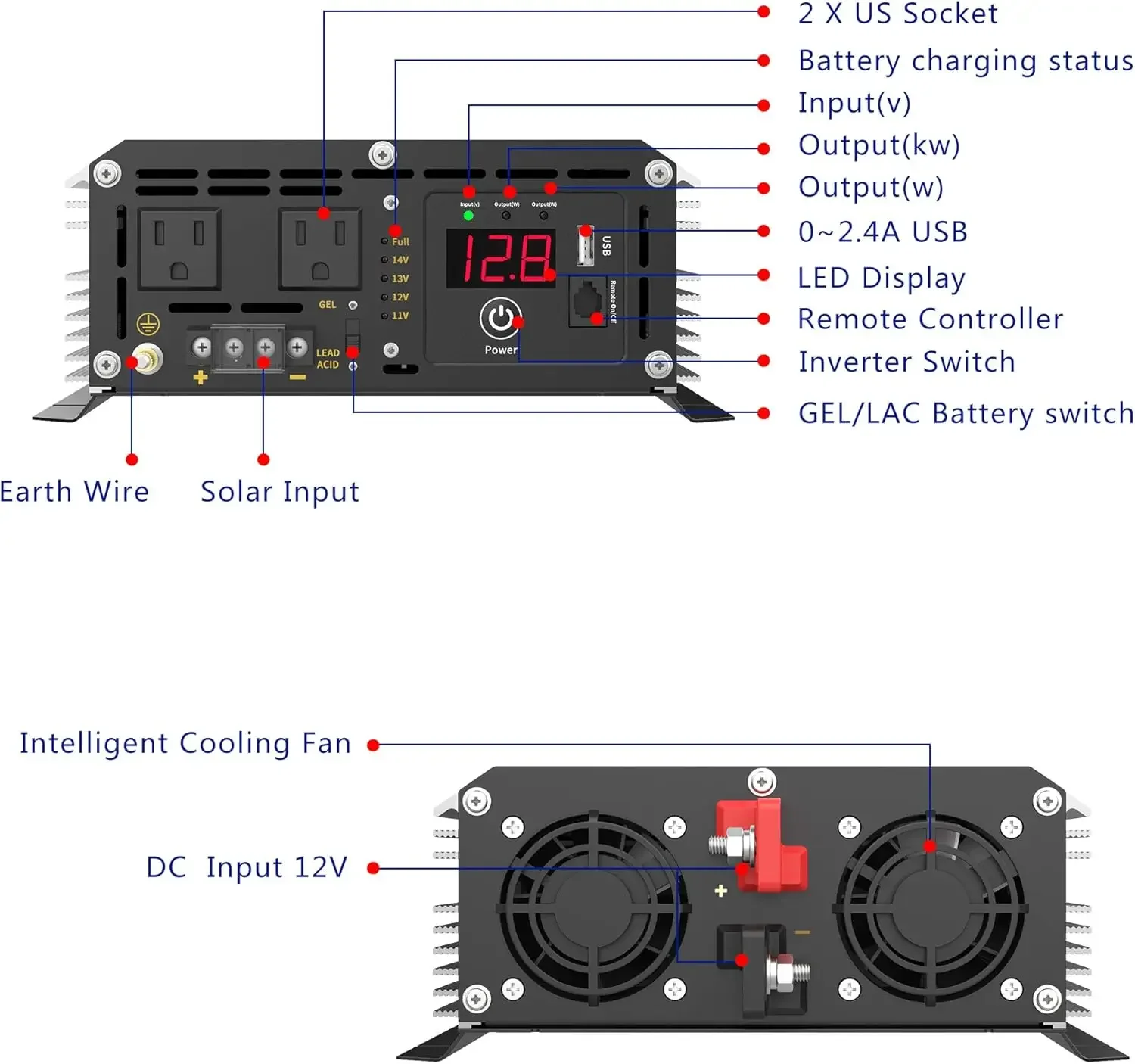 2200W Pure Sine Wave Power Inverter 12V DC to 110V 120V AC with 20A Solar Charge Control Lithium Battery Compatible and Remote