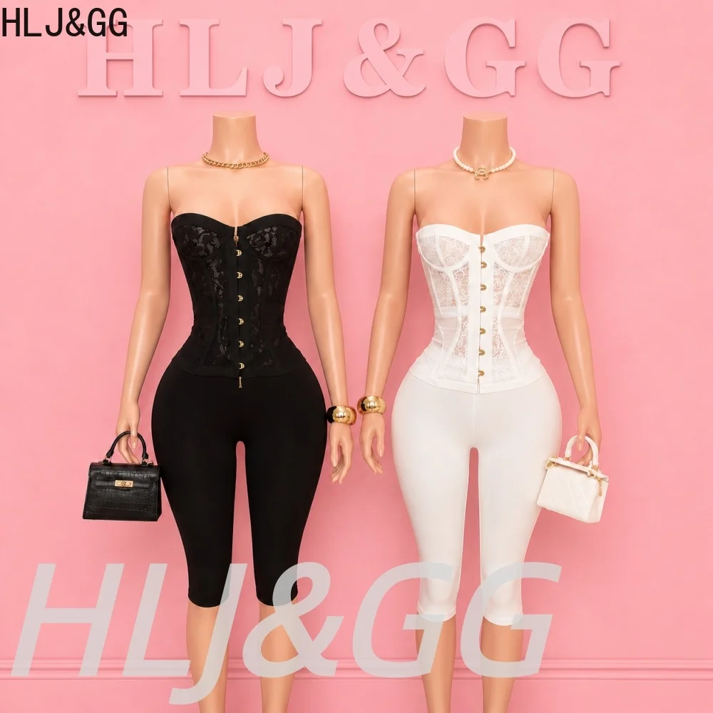 HLJ&GG Sexy Hollow Lace Bandage Corset Two Piece Sets Women Off Shoulder Sleeveless Slim Top + Shorts Outfits Fashion Streetwear