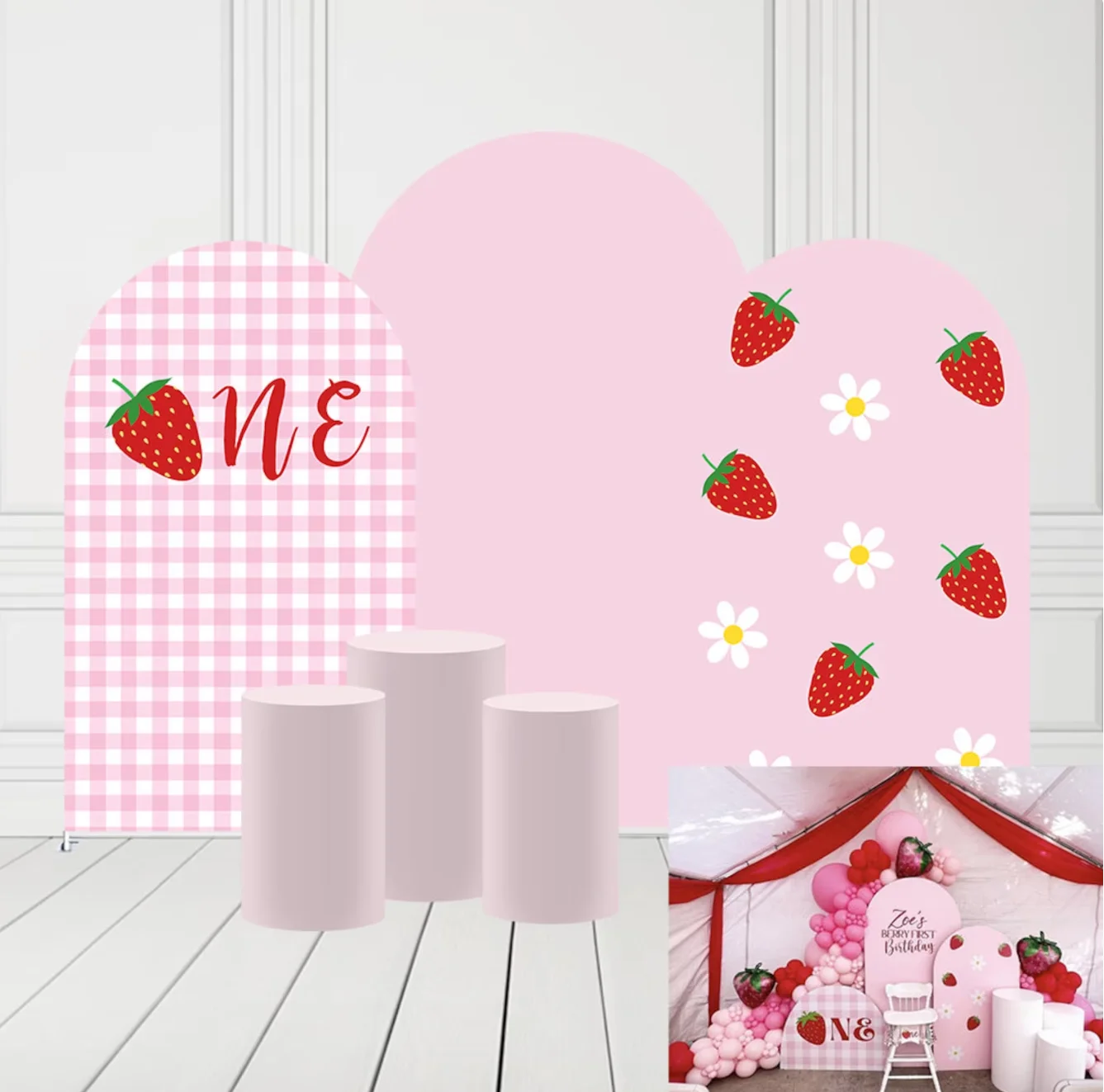 Arch Backdrop Covers Strawberries Berry First Pink Plaids Birthday Party Arch Stand Cover for Baby Shower Parties Decorations