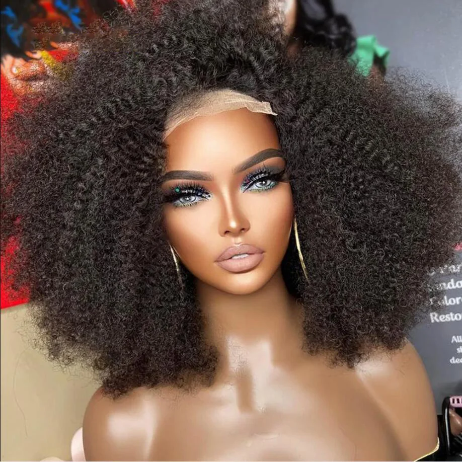 

Soft Preplucked Glueless Blunt Cut Short Bob Black Kinky Curly Deep Lace Front Wigs For Women With Babyhair Daily Heat Resistant