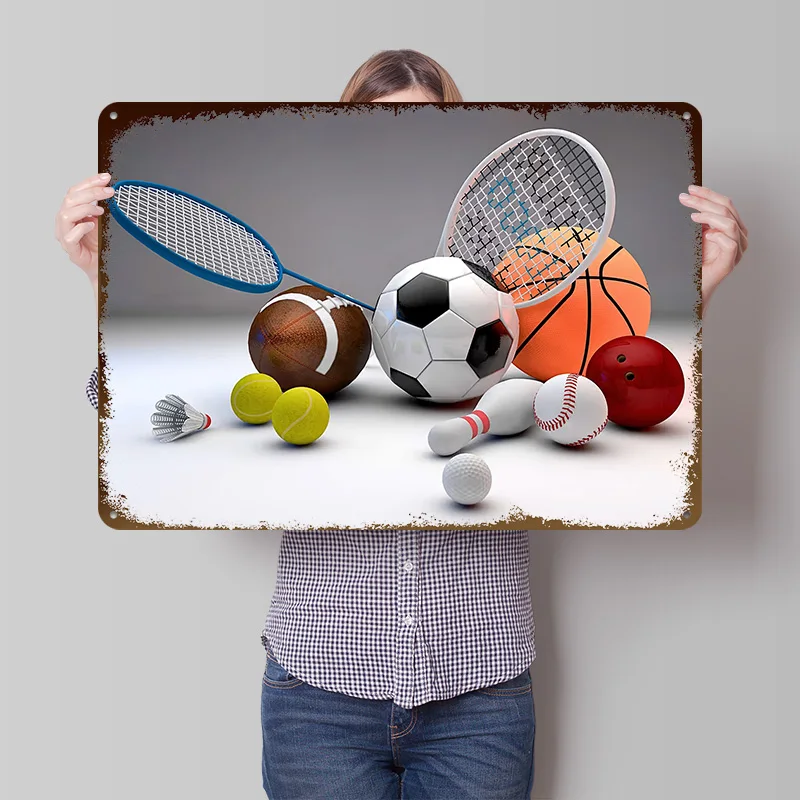 Sortierte Sportgeräte Metallposter Maßgefertigte Wandkunst Retro Vintage Metallschilder für Männerhöhle Dekoration Heim-Dekor