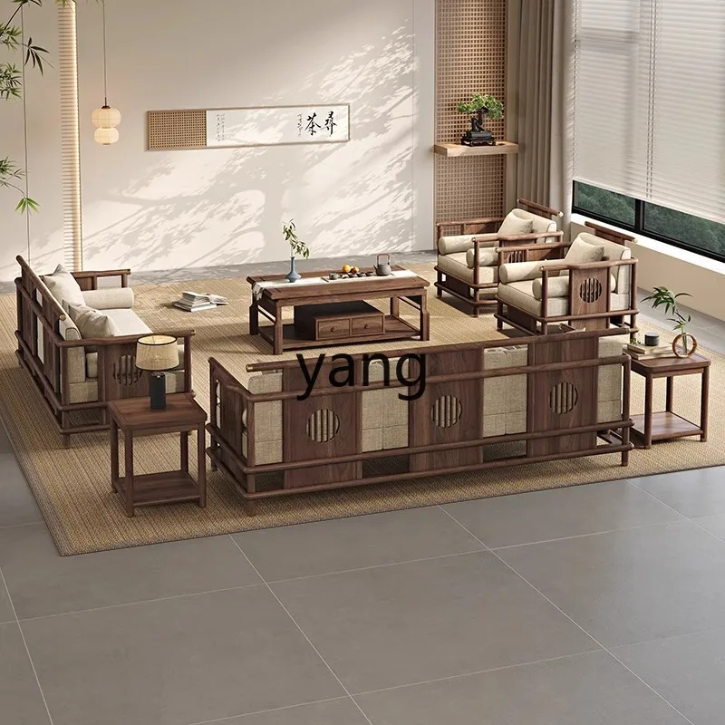 

TGF new Chinese solid wood sofa Chinese zen black walnut light luxury villa living room