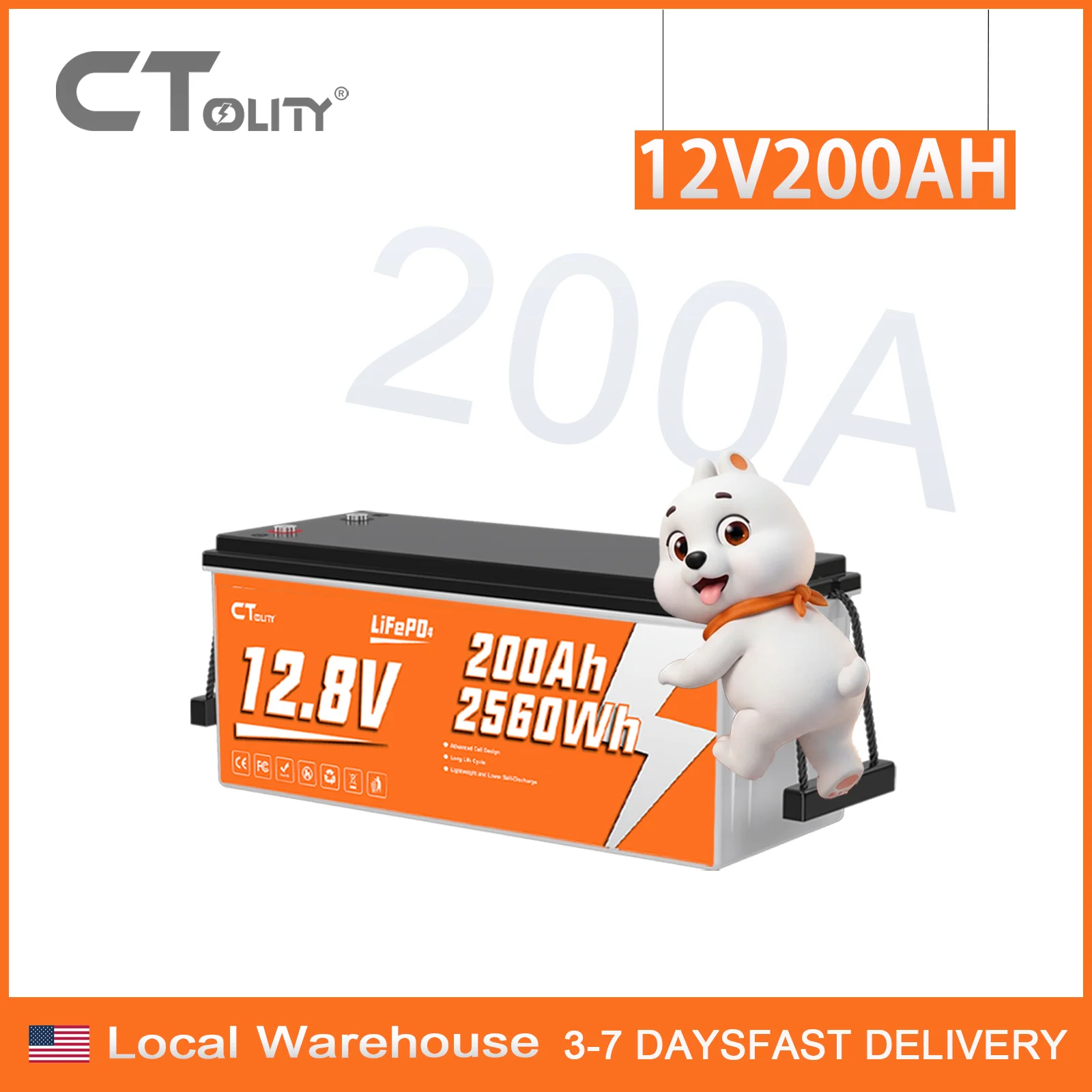 Ctolity 12V 200Ah LiFePO4 Battery Pack 2560Wh 15000+ Cycles Deep Cycle Lithium Battery with BMS for Heavy RV Off-Grid Solar Home Backup Power