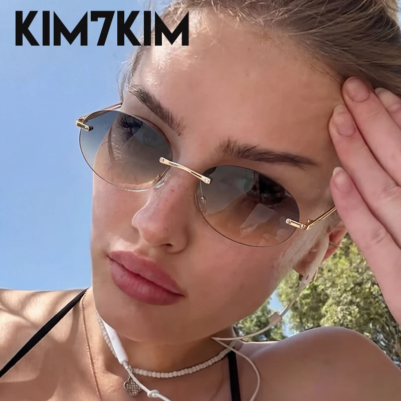 

Rimless Retro Oval Sunglasses Women Vintage Gradient Frameless Sun Glasses Female Gold Metal Y2K Punk Eyewear Driving Shades