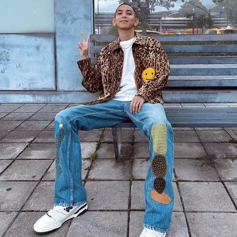 

KAPITAL VINTAGE Jeans Ins-Style Cactus Embroidery Hand-Patch Relaxed Fit Plus Size Jeans