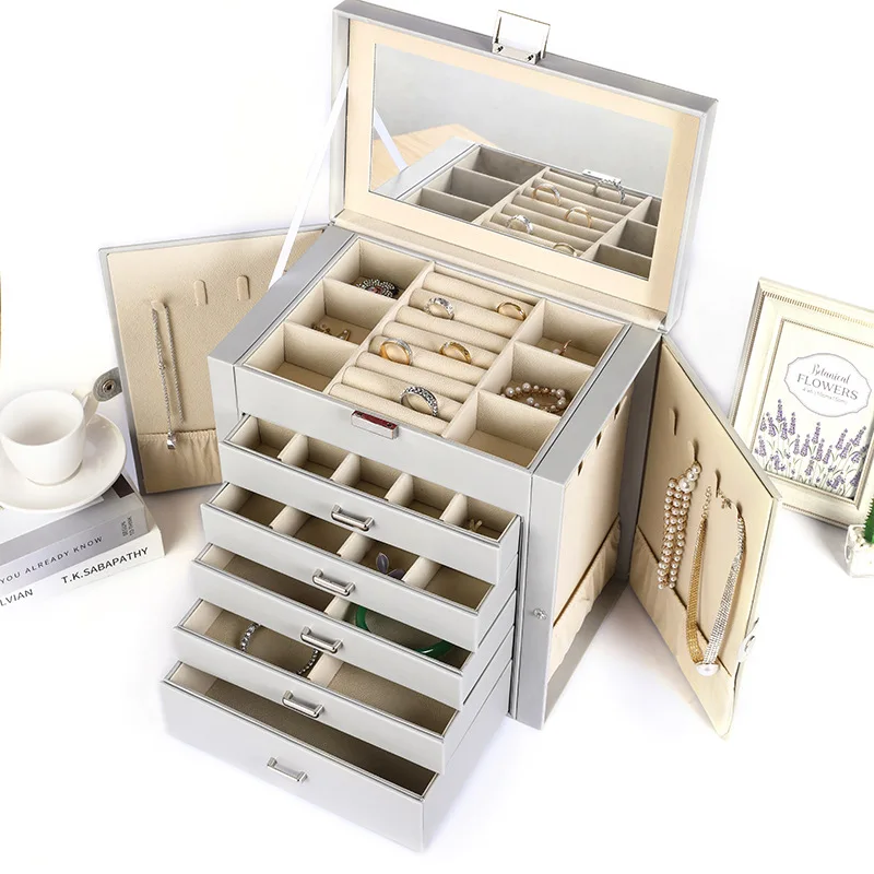 صندوق تخزين مستطيل ذو سعة كبيرة مكون من 6 طبقات، درج فاخر متعدد الطبقات للقلادة والقرط والإكسسوارات وصندوق تخزين المجوهرات