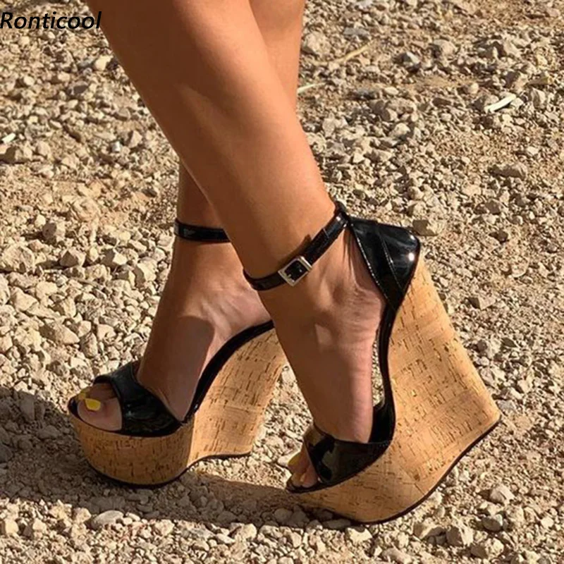 

Ronticool 2021 Handmade Women Summer Shiny Sandals Sexy Wedges Heels Open Toe Black Dress Shoes US Size 5-20