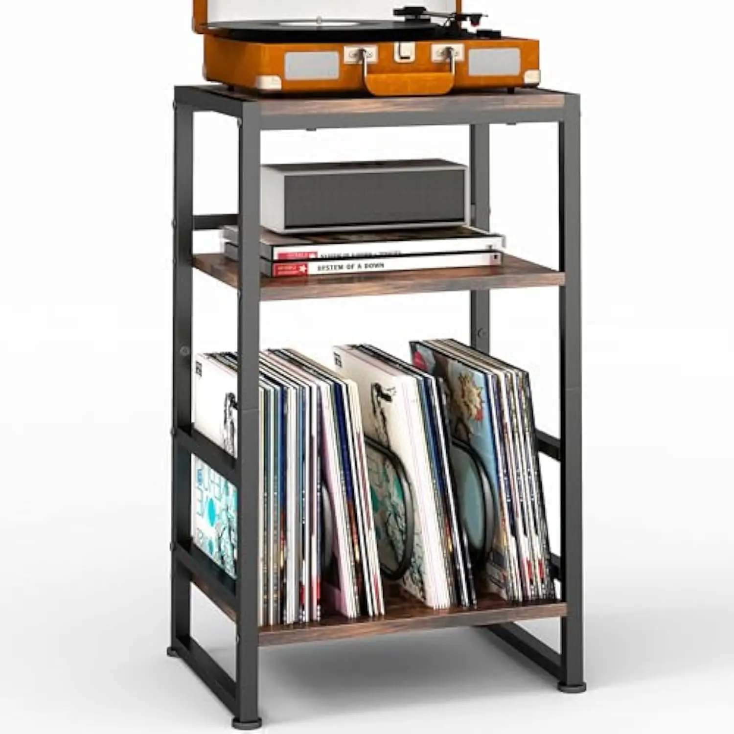 

3-Tier Vinyl Record Player Stand, End Table for Album Storage, 28 H Record Player Stand with Storage Up to 120 Albums, Side Tab