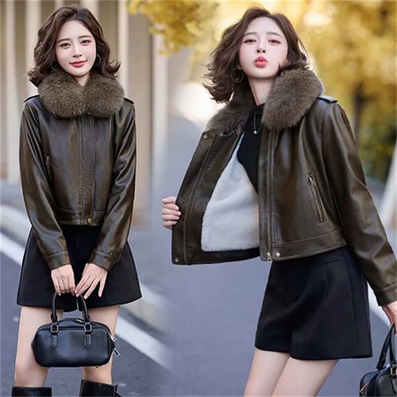 2026 Fashion Winter Leather Jacket Women's Fleece Thicken Warm Short Coat Fur-collar Faux Leather PU Outerwear Streetwear Coats