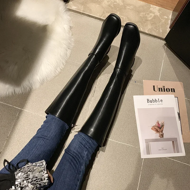 Bottes Hautes en Coton à Talons Bas pour Femme, Chaussures Élégantes en Cuir Souple, à la Mode, 2024