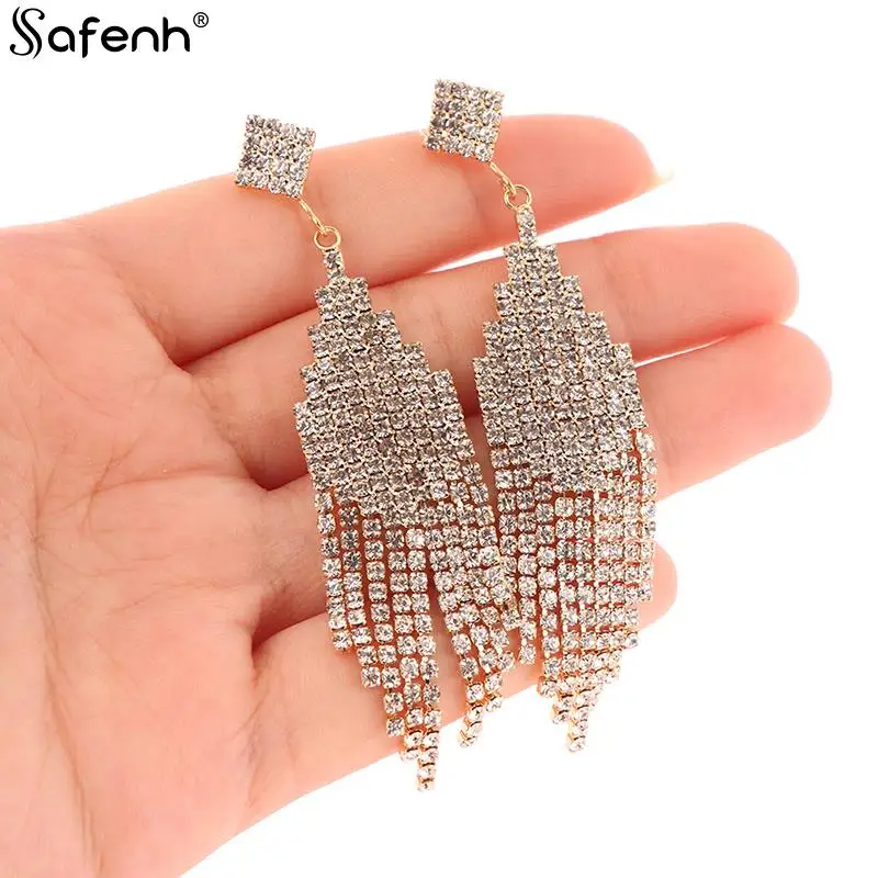 الكلاسيكية لامعة كريستال أقراط للسيدات ، S925 الفضة إبرة ، مبالغ فيها الأقراط الطويلة ، شرابات حجر الراين أقراط ، الكورية موضة ، Ea #4