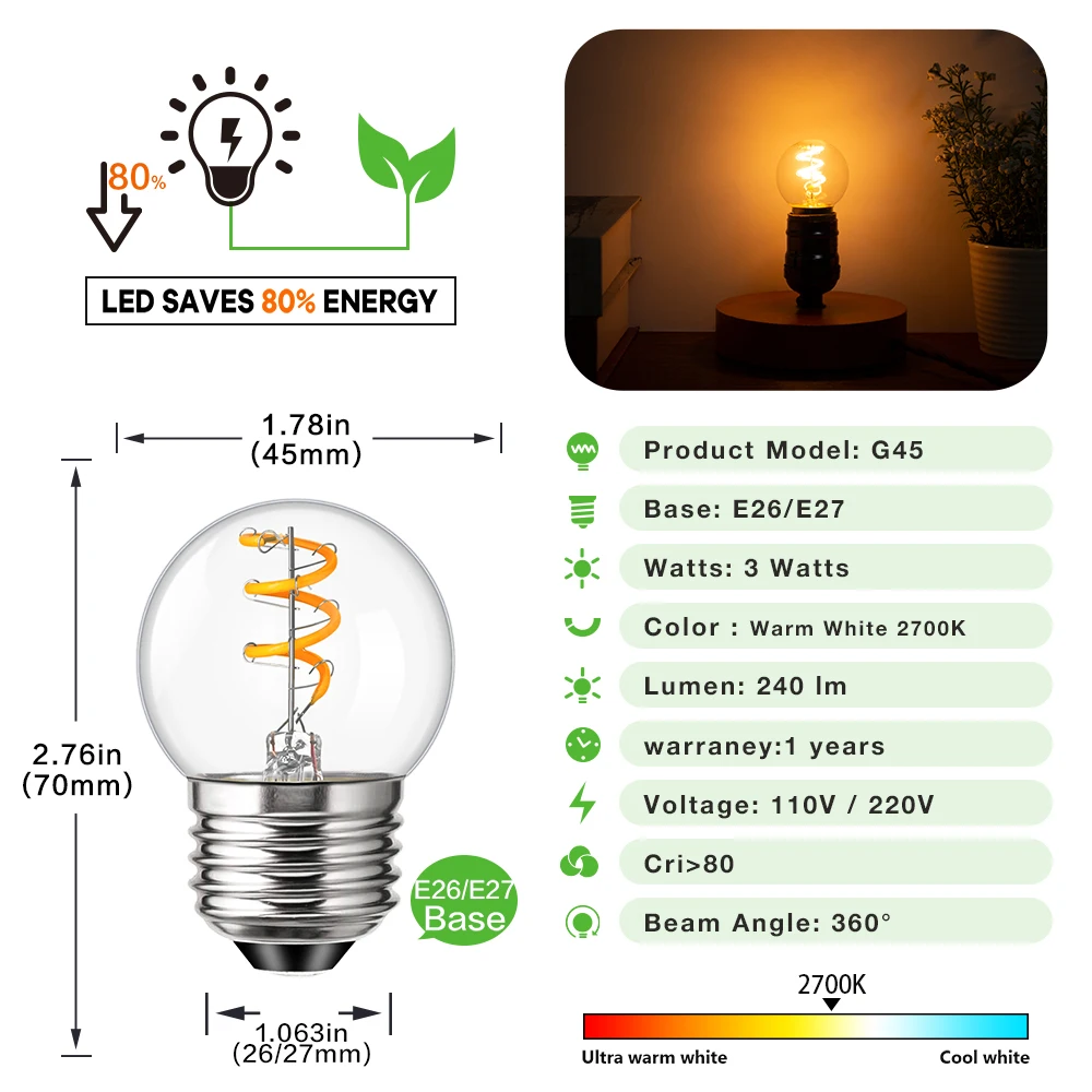 6PCS Vintage G45CS Spiral Filament Bulbs E26 E27 3W Soft Warm Yellow 2200K Replaceable Chandelier Deco Flexible Edison Light