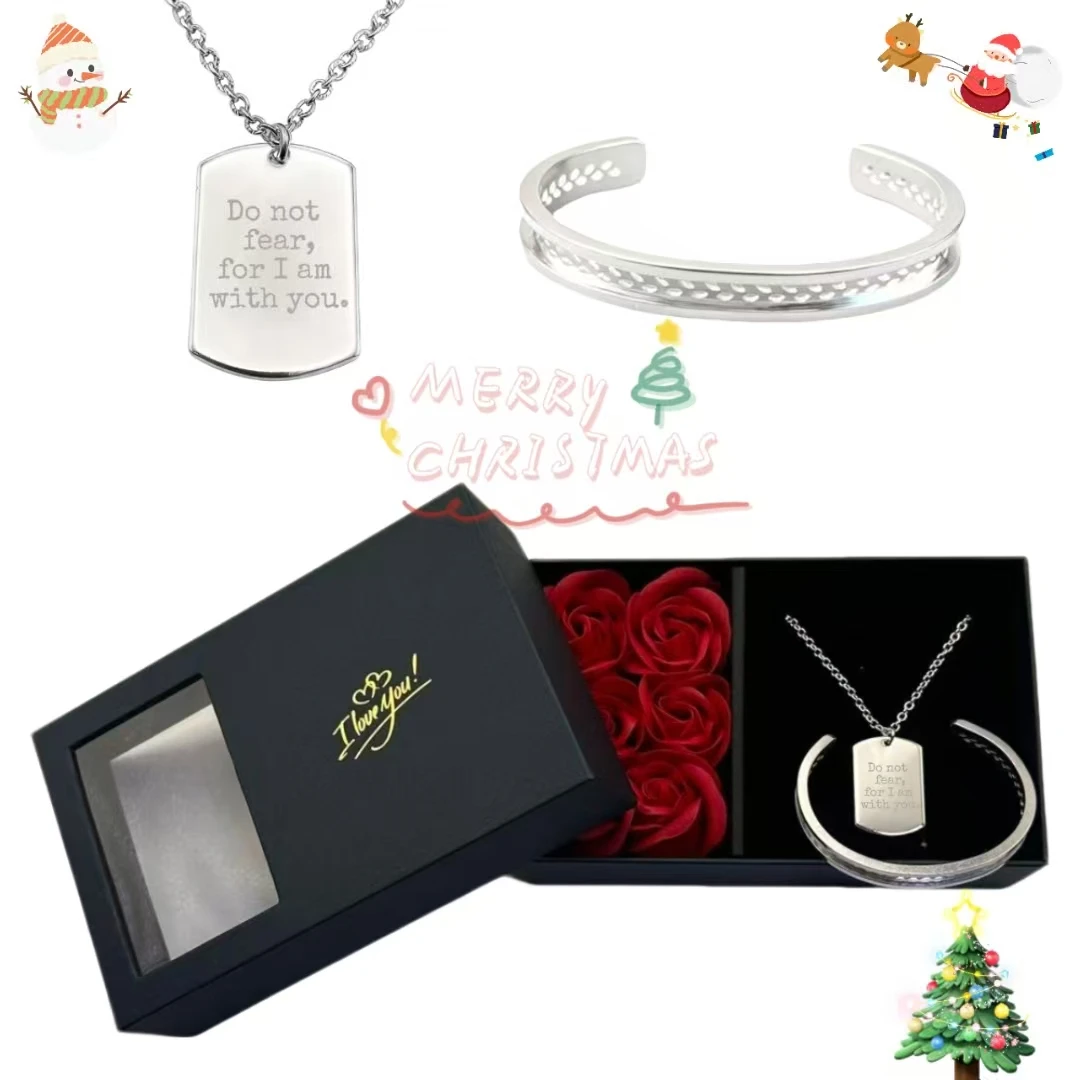 

Rose Gift Box Set, Plaque Necklace Engraved"Do Not Fear,For I Am With You" Olive Branch Bracelet, Christmas Valentine Birthday