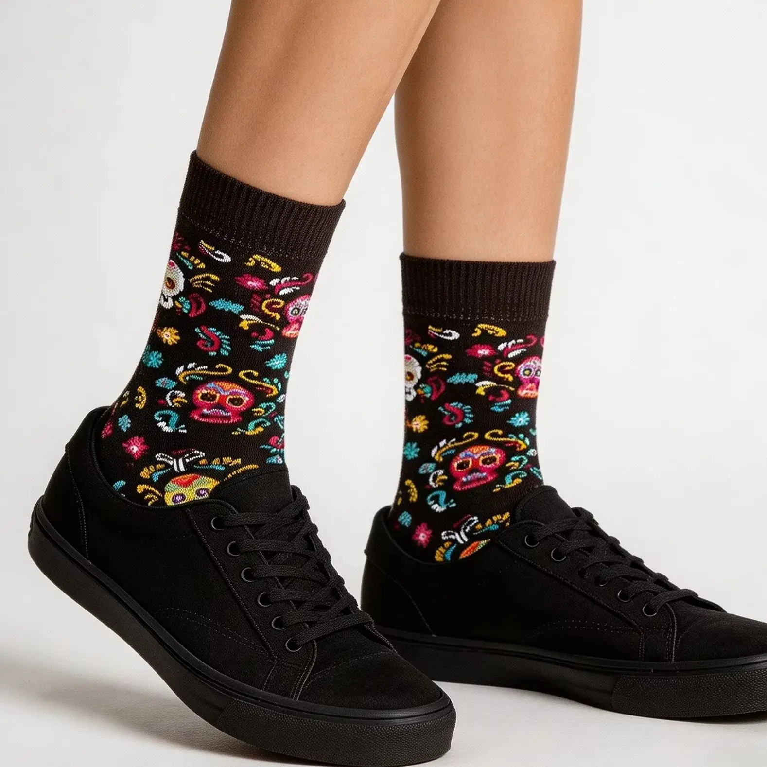 Retro Gothic Colorful Skull Cartoon Skeleton Cotton Crew Socks Unisex Women Men Halloween Day of the Dead Socks Festival Gifts