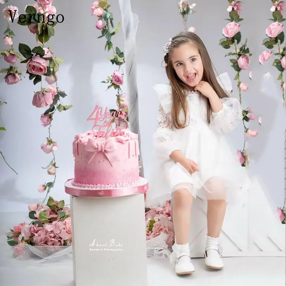 

Verngo Princess Lace Girl Birthday Party Dress High Neck Full Bell Sleeves Ball Gown Celebrity Flower Girl Dress Customized