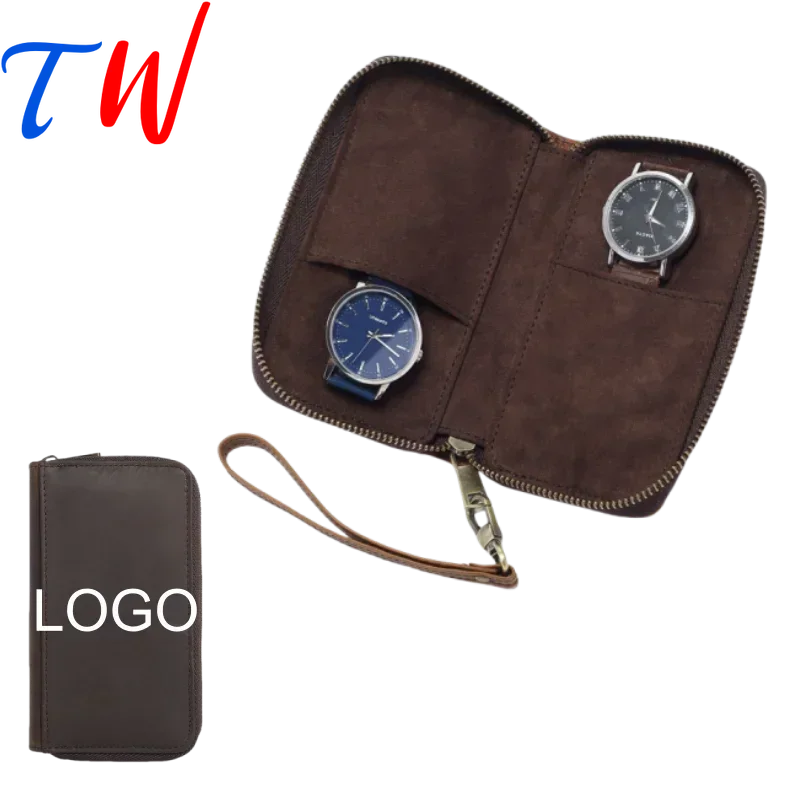 Coffee Genuine Leather Watch Case Personalization Watch Storage Bag Travel Portable Zipper Bag Free Custom Logo Watch Organizer