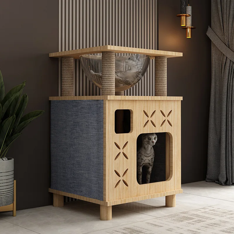 

Cat Toys Scratchers Cats Pet Solid Wood Climbing Tower Indoor Furnitures Scratch Tree Accessories Training Supplies with House