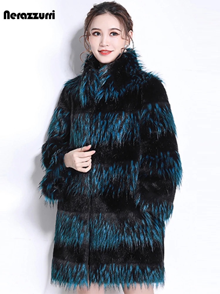 Nerazzurri Winter Oversized Colorful Faux Fur Coat Women 3/4 Sleeve Stand Collar Gradient Warm Thick Hairy Shaggy Fluffy Jacket