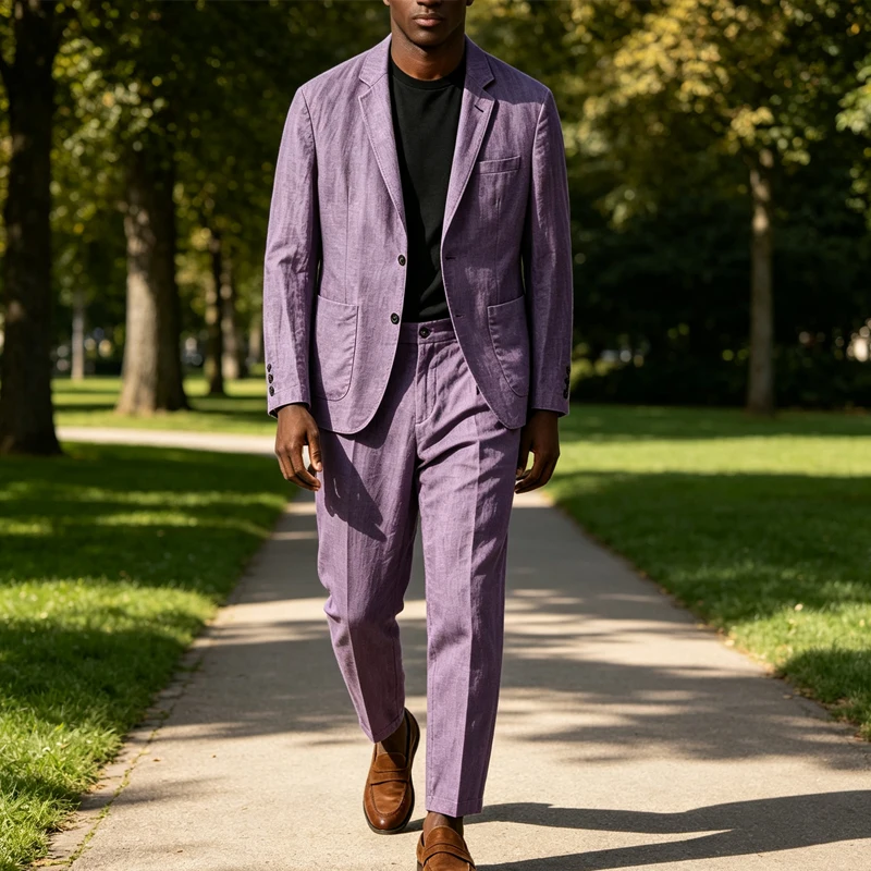 Men Linen Suit 2 Piece Set Notched Lapel 2 Buttons Casual Blazer Lightweight Breathable Summer Beach Wedding Business Outfit