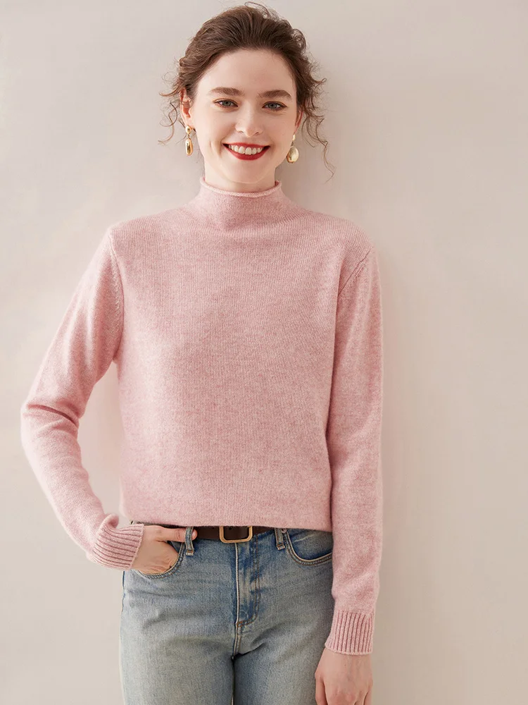 Women Sweater Long Sleeve Curl Side Mock-neck Pullover Autumn Winter100% Cashmere Pure Color Knitwear Feamle Clothing Shirt Tops