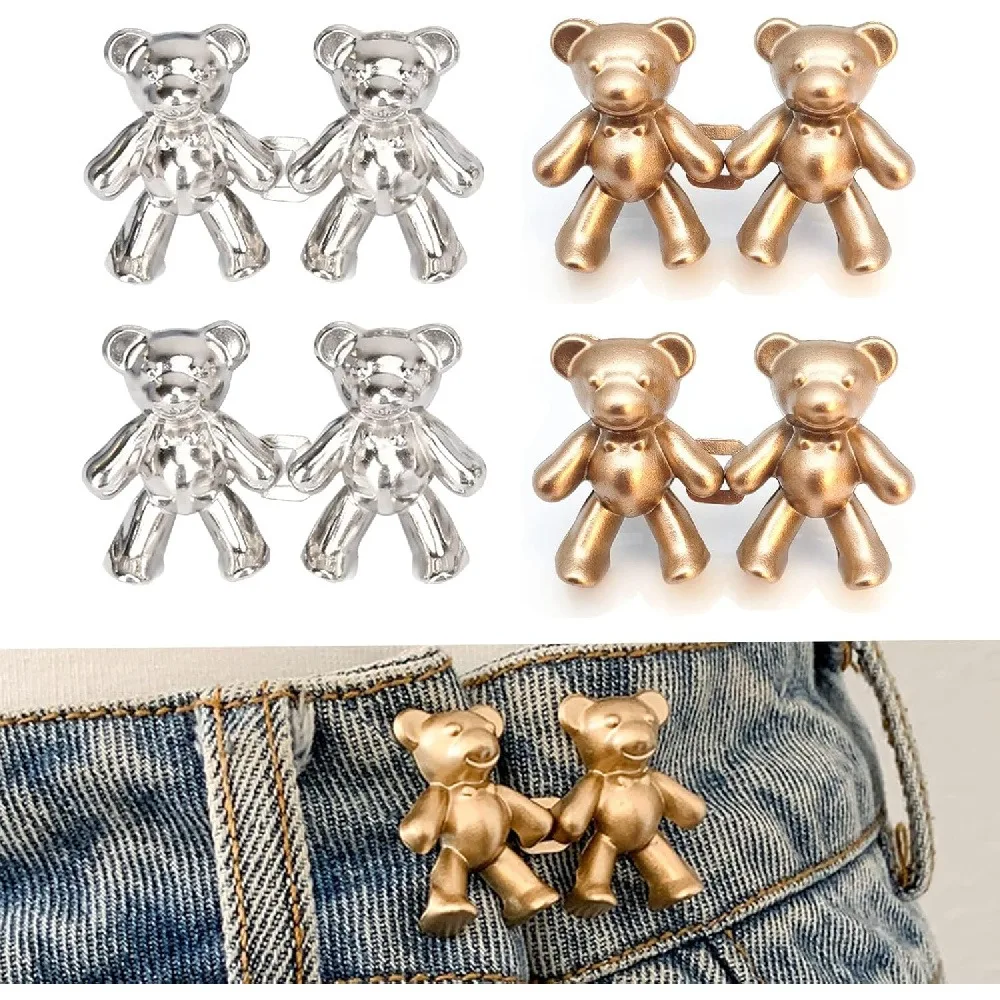 Clips Ajustables para Ajustar la Cintura de Jeans con Diseño de Oso, Botones Reductores de Cintura Desmontables para Mujer, Paquete de 2 (Dorado y Plateado)