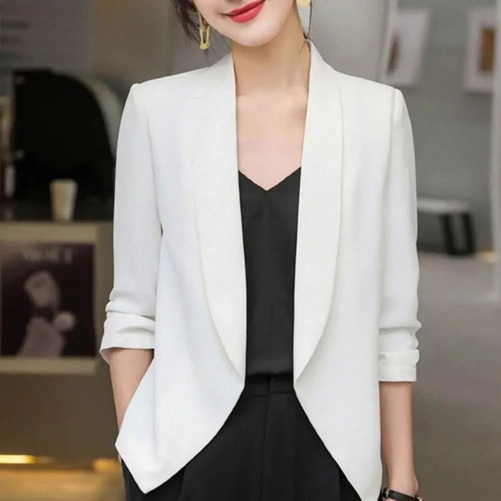 Women Blazer Lapel Solid Color Long Sleeves Open Stitch Business OL Clothes Thin Spring Coat Female Clothes Ladies Work Coat Top