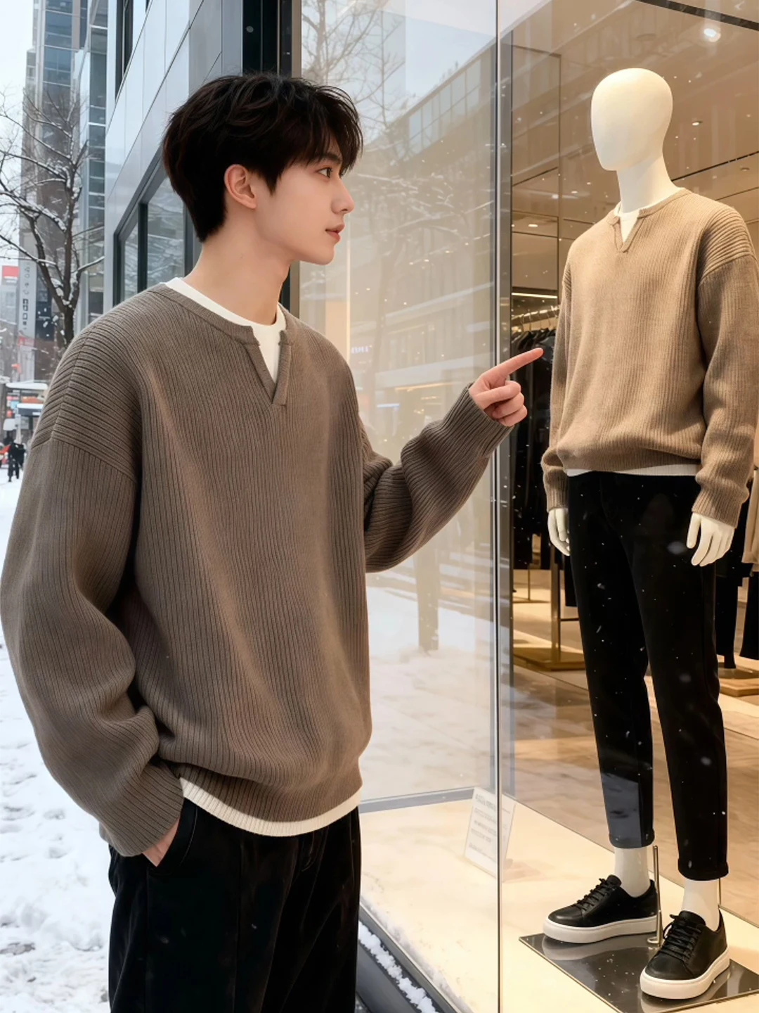 

Мужской вязаный свитер с V-образным вырезом, цвет кофе, базовый слой, американский стиль, с высоким воротником, осенне-зимняя повседневная одежда