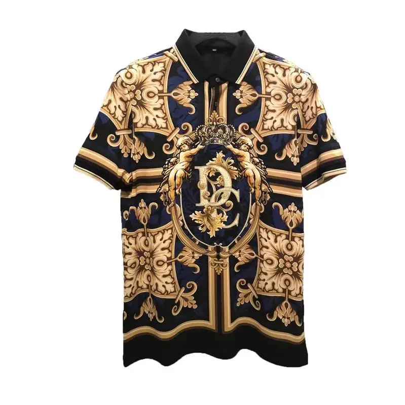 European and American men\'s 2023 summer new lapel Short sleeve Palace vintage print fashion T-shirt