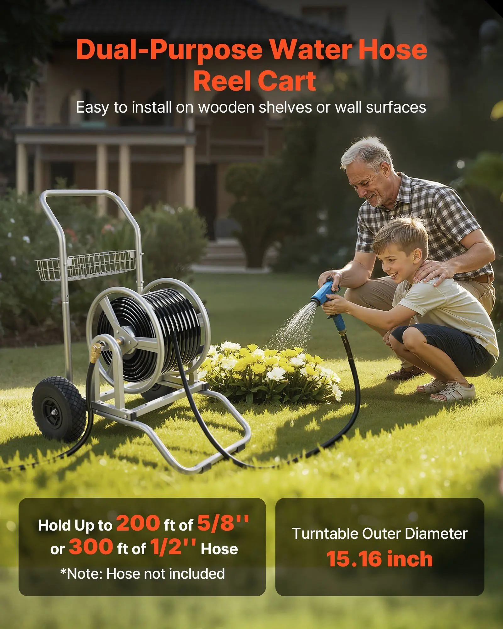

Water Hose Reel Cart, 200/300ft High-Pressure Garden Hose Cart, Hoses Reel Carts with Two Wheels, Handle & Heavy-Duty Mesh