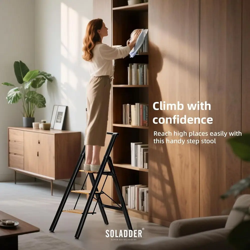 3 Step Ladder with Handrails, Lightweight Aluminium Folding Step Stool for Adults to Use in Kitchen,Closet and Library,300lbs(Bl